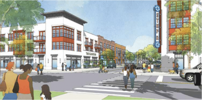 Illustration of people crossing a street in a modern urban area with shops, trees, and a STOP sign.